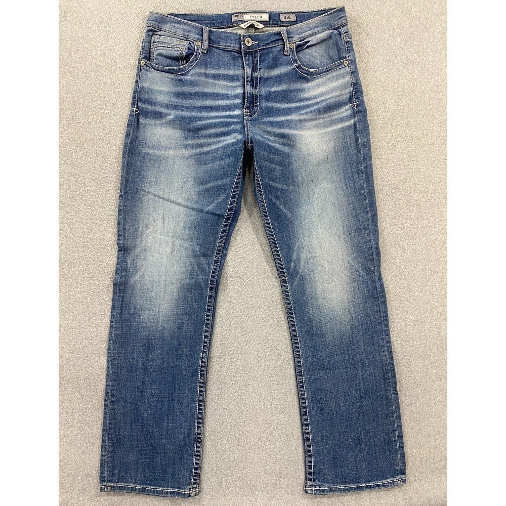 BKE Buckle Tyler Straight Jeans Men 38L Med Wash Denim Distressed Whisker Fade